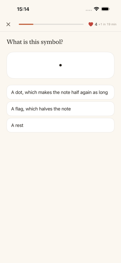 An exercise: the augmentation dot alone in a frame, with three definitions to choose from.