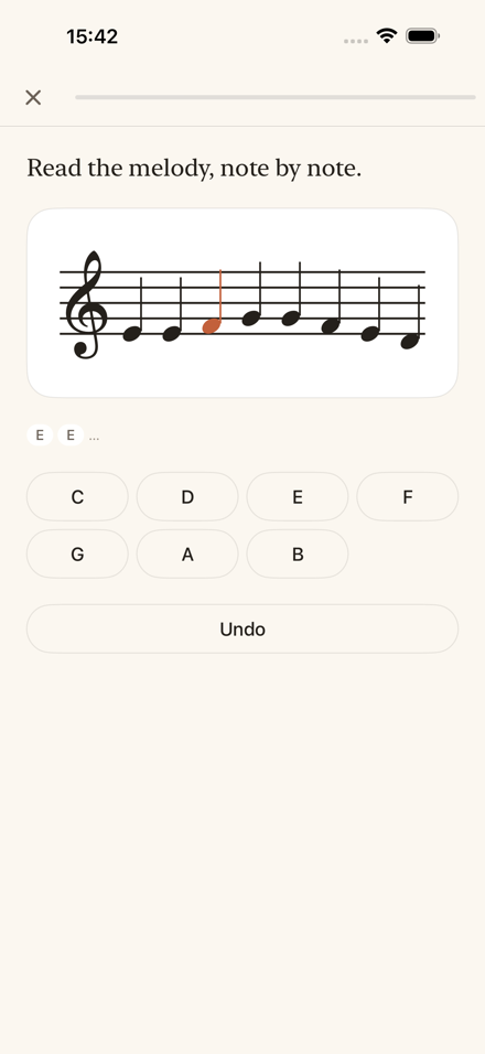 A sight-reading in progress: the melody of the Ode to Joy on a treble staff, the expected note highlighted, and the seven note names to choose from below.