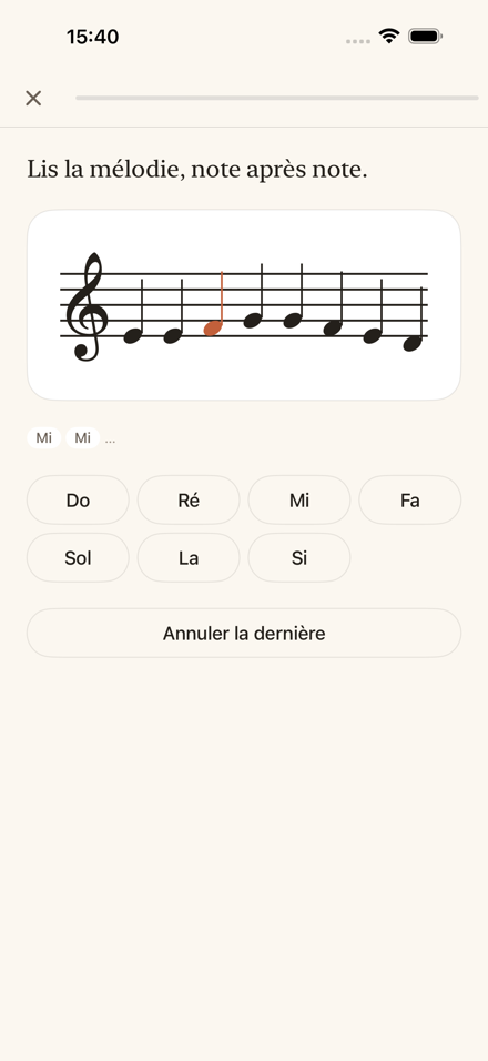 Un déchiffrage en cours : la mélodie de l'Ode à la joie sur une portée en clé de sol, la note attendue mise en évidence, et les sept noms de notes à choisir en dessous.